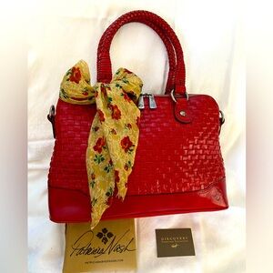 Patricia Nash Red Woven Leather Satchel with Floral Scarf